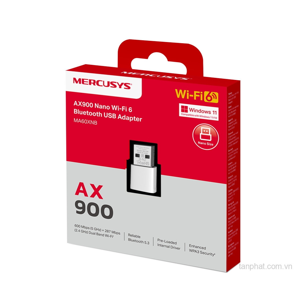 USB thu WiFi 6 Mercusys MA60XNB AX900 dual-band, USB 2.0, Bluetooth 5.3, thiết kế nano