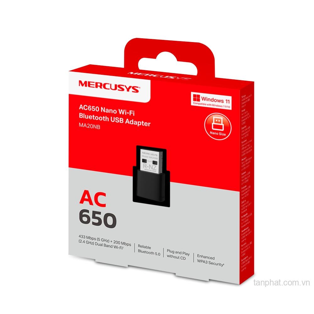 USB thu WiFi 5 Mercusys MA20NB AC650 dual-band, USB 2.0, Bluetooth 5.0, thiết kế nano