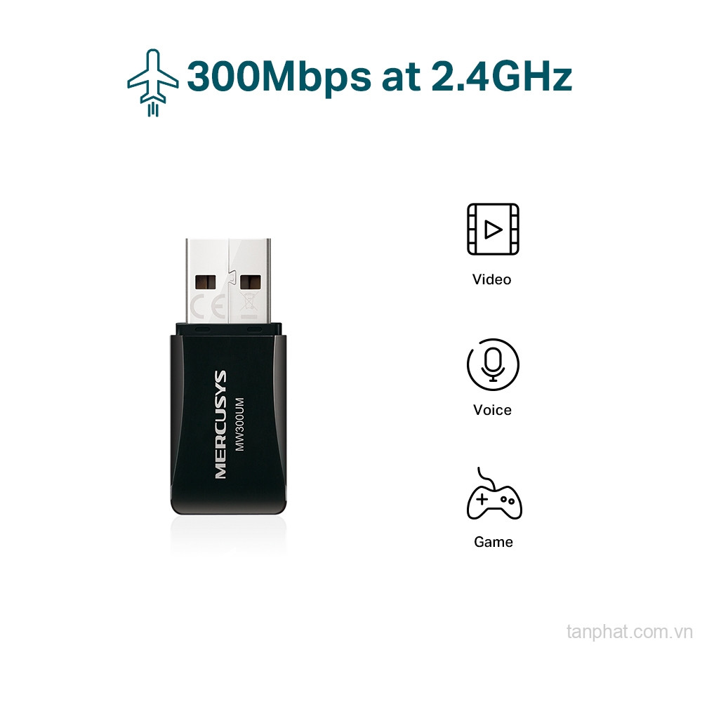 USB thu WiFi 4 Mercusys MW300UM N300, USB 2.0, thiết kế mini, ăng-ten trong