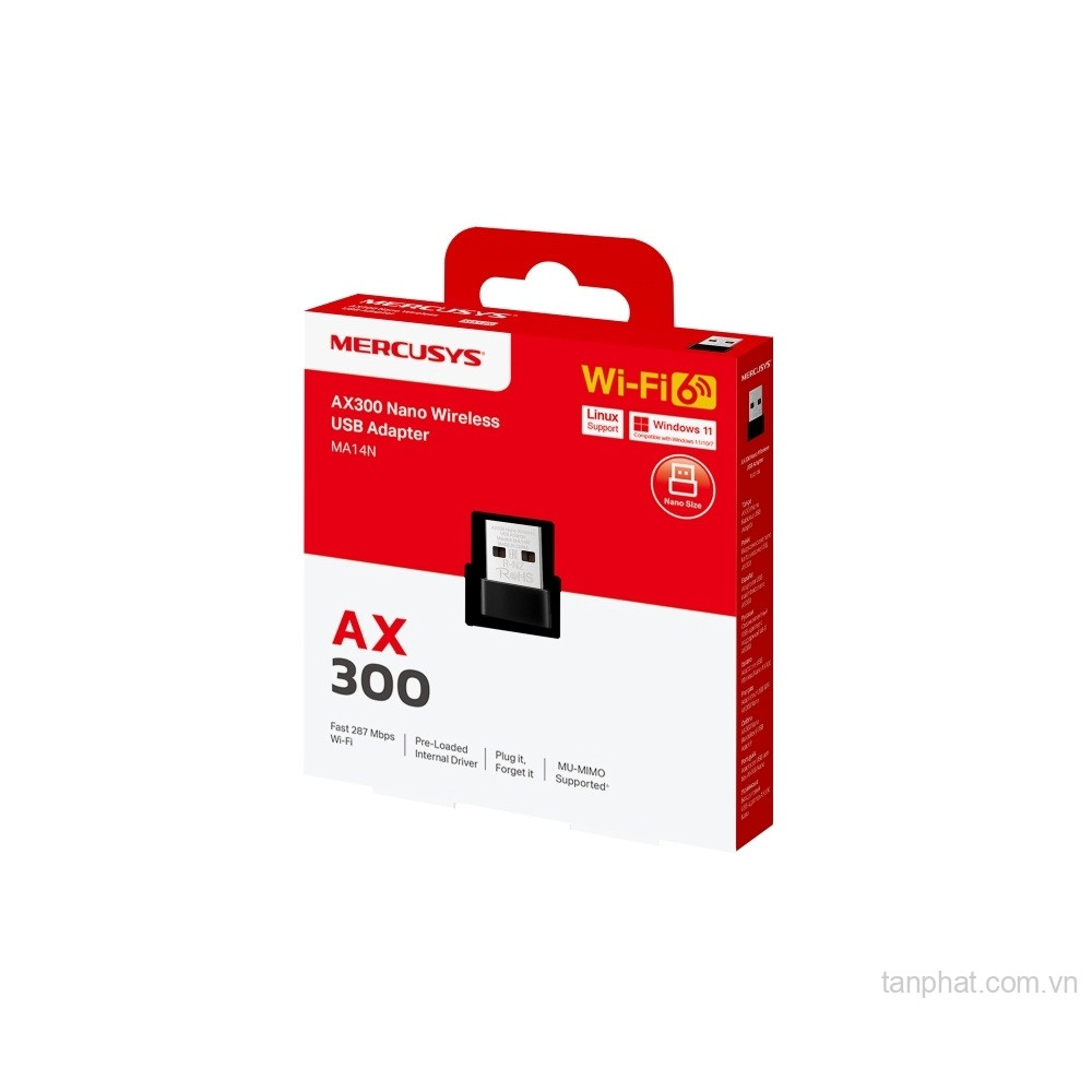 USB thu WiFi 6 Mercusys MA14N AX300, USB 2.0, băng tần 2.4GHz, thiết kế nano