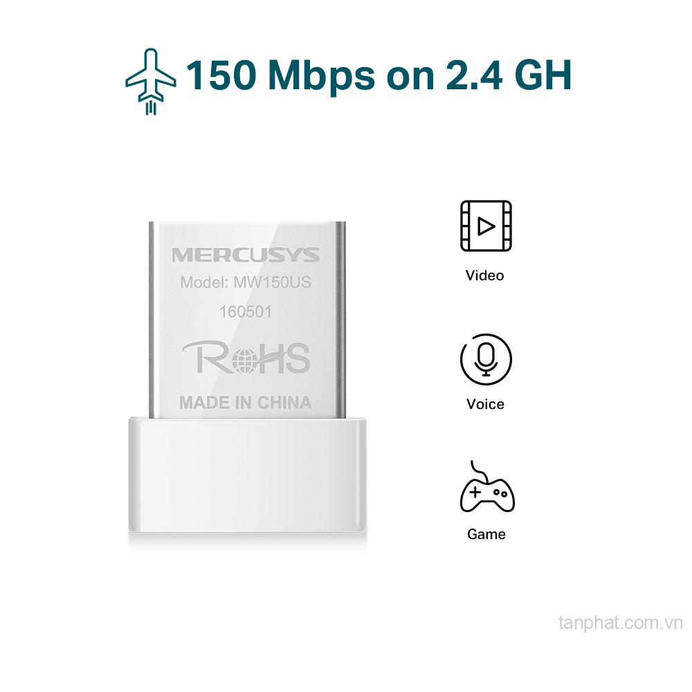 USB thu WiFi 4 Mercusys MW150US N150, USB 2.0, thiết kế nano, ăng-ten trong