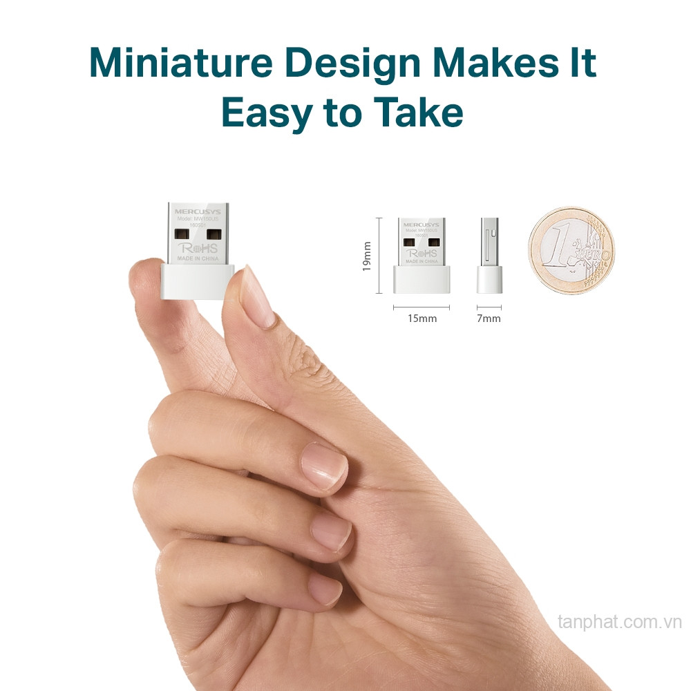 USB thu WiFi 4 Mercusys MW150US N150, USB 2.0, thiết kế nano, ăng-ten trong