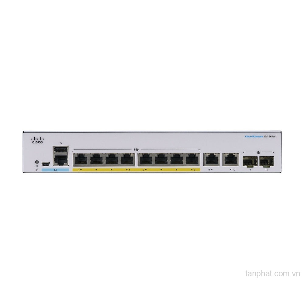 Thiết bị chuyển mạch Cisco Business CBS250-8PP-E-2G-EU 8 cổng Gigabit PoE+, 2 cổng combo 1G SFP/RJ45, công suất PoE 45W