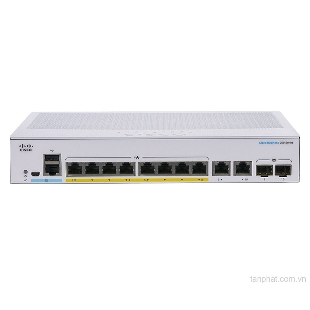 Thiết bị chuyển mạch Cisco Business CBS250-8P-E-2G-EU 8 cổng Gigabit PoE+, 2 cổng combo 1G SFP/RJ45, công suất PoE 67W