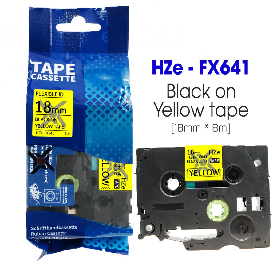 Nhãn TZe-FX641 siêu dẻo - Chữ đen trên nền vàng 18mm