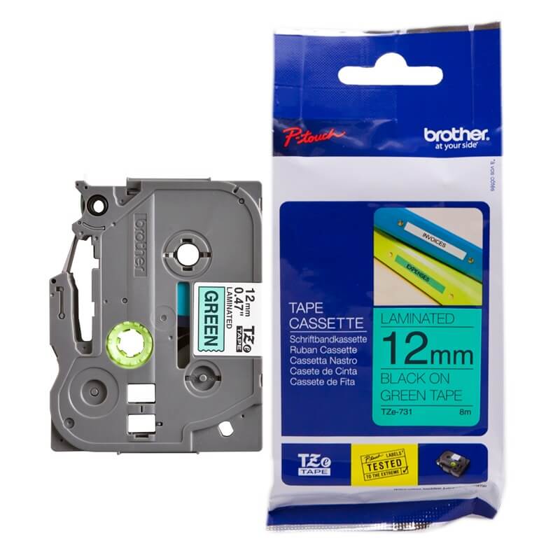 Nhãn TZe-FX731 siêu dẻo - Chữ đen trên nền xanh lá 12mm