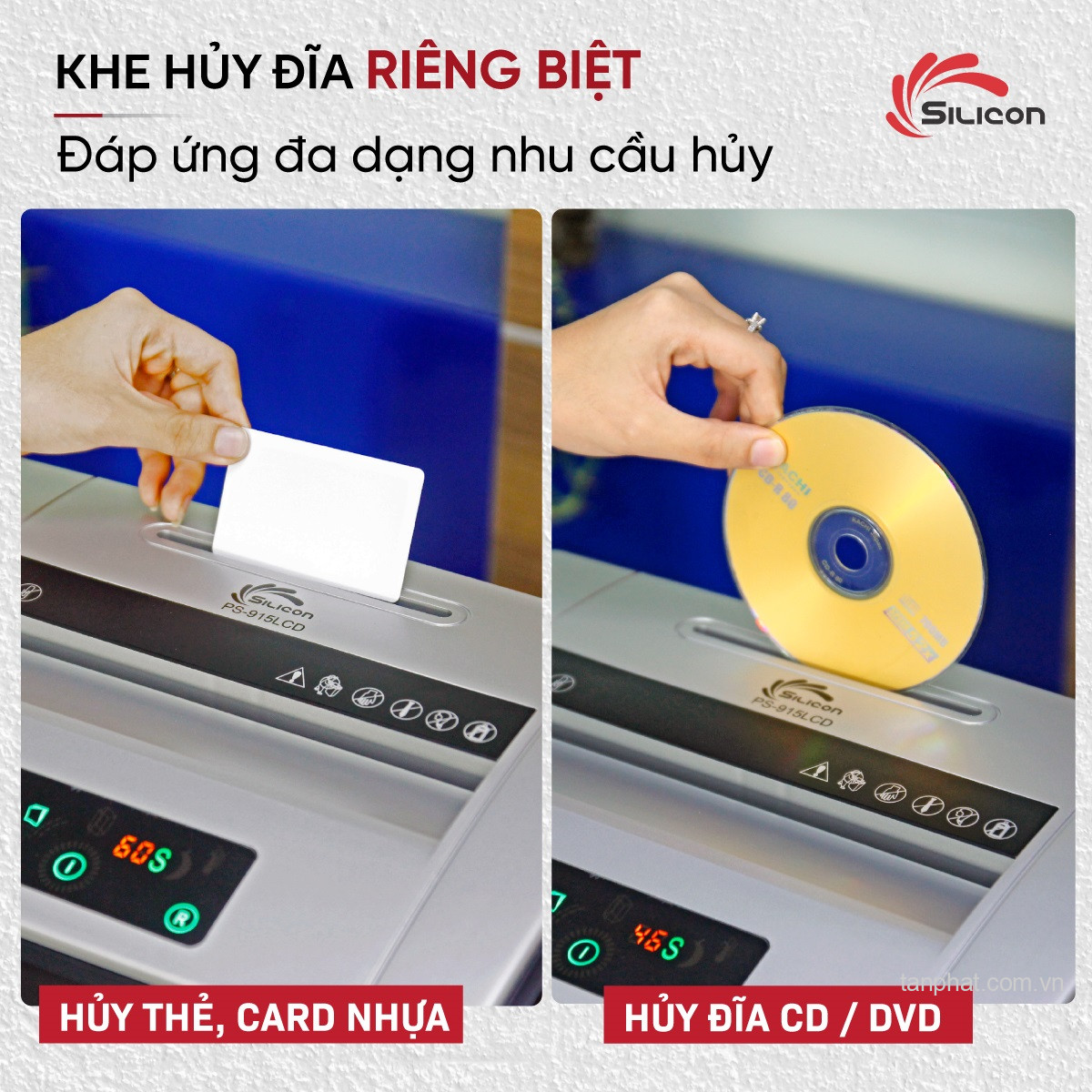 Máy hủy tài liệu Silicon PS-915LCD (Hủy sợi, 15 tờ)