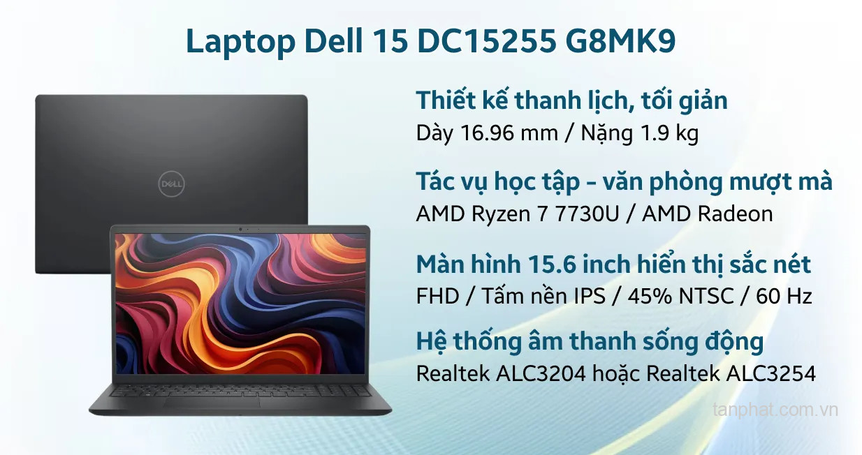Laptop Dell DC15255-A1175 (Ryzen 7 7730U | 16GB Ram | 512GB SSD | 15.6 inch FHD | Cảm ứng | WIN11 Bản Quyền | BLACK )_G8MK9