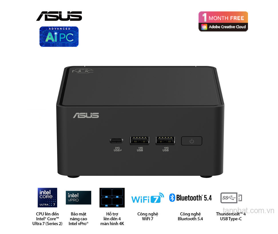 Bộ Mini PC Asus NUC 15 PRO Tall RNUC15CRHU5 (Intel Core Ultra 5 225H | Intel Arc GPU | 2xDDR5-6400 | 2xNVMe,SATA | 2x HDMI 2.1 | 2x Thunderbolt | VESA MOUNT | Black) hỗ trợ OpenClaw, NemoClaw