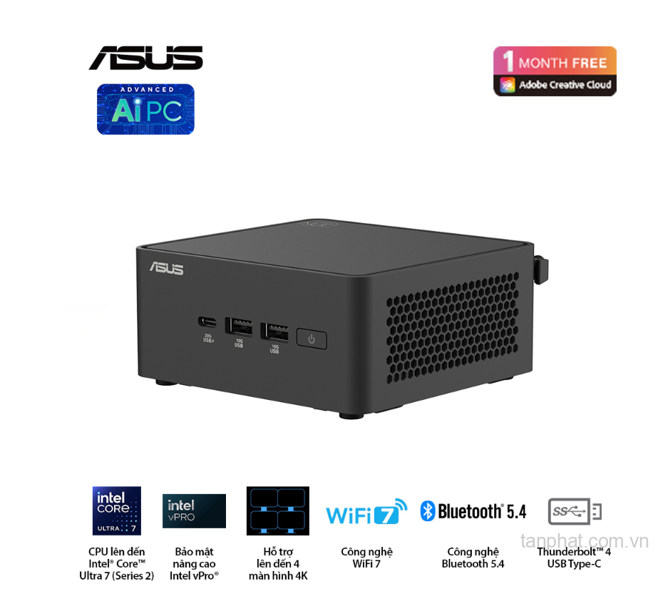 Bộ Mini PC Asus NUC 15 PRO Tall RNUC15CRHU5 (Intel Core Ultra 5 225H | Intel Arc GPU | 2xDDR5-6400 | 2xNVMe,SATA | 2x HDMI 2.1 | 2x Thunderbolt | VESA MOUNT | Black) hỗ trợ OpenClaw, NemoClaw
