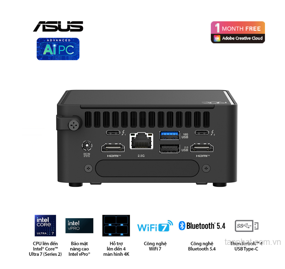 Bộ Mini PC Asus NUC 15 PRO Tall RNUC15CRHU5 (Intel Core Ultra 5 225H | Intel Arc GPU | 2xDDR5-6400 | 2xNVMe,SATA | 2x HDMI 2.1 | 2x Thunderbolt | VESA MOUNT | Black) hỗ trợ OpenClaw, NemoClaw