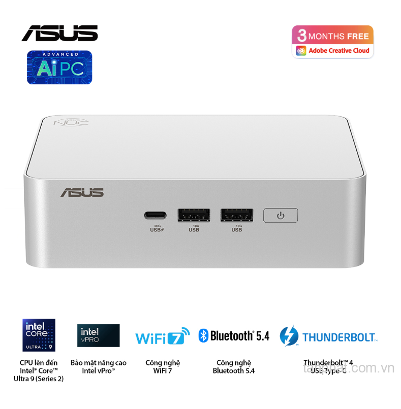 Bộ Mini PC Asus NUC 15 PRO RNUC15CRSU500000I (Intel Core Ultra 5 225H | Intel Arc GPU | 2xDDR5-6400 | 2xNVMe | 2x HDMI 2.1 | 2x Thunderbolt | VESA MOUNT | WHITE)