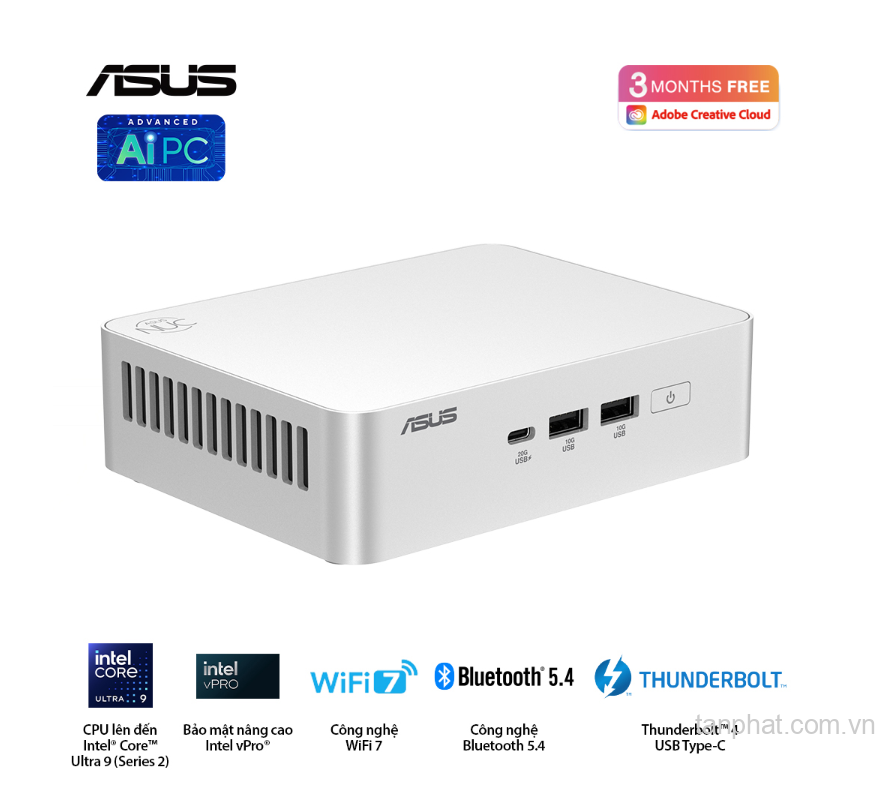 Bộ Mini PC Asus NUC 15 PRO RNUC15CRSU500000I (Intel Core Ultra 5 225H | Intel Arc GPU | 2xDDR5-6400 | 2xNVMe | 2x HDMI 2.1 | 2x Thunderbolt | VESA MOUNT | WHITE)