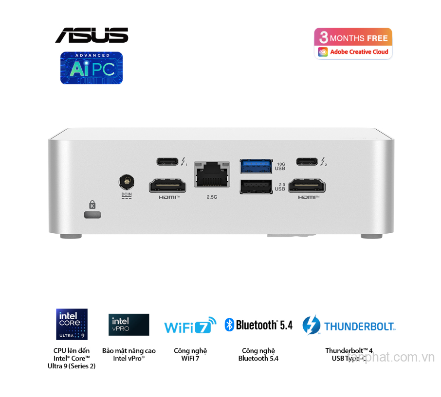 Bộ Mini PC Asus NUC 15 PRO RNUC15CRSU500000I (Intel Core Ultra 5 225H | Intel Arc GPU | 2xDDR5-6400 | 2xNVMe | 2x HDMI 2.1 | 2x Thunderbolt | VESA MOUNT | WHITE)