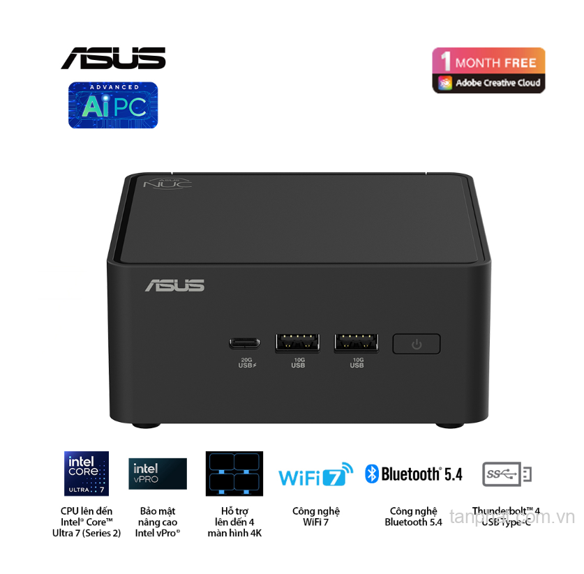 Bộ Mini PC Asus NUC 15 PRO Tall RNUC15CRHU700000I (Intel Core Ultra 7 255H | 2xDDR5-6400 | 2xNVMe,SATA | 2x HDMI 2.1 | 2x Thunderbolt | VESA MOUNT | Black)