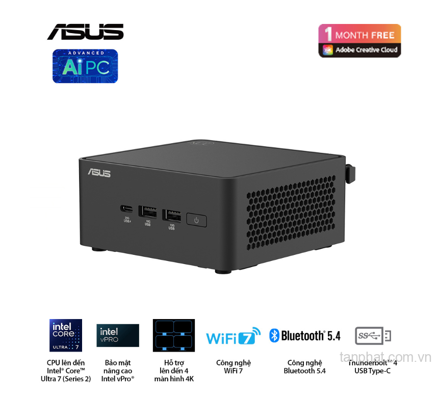 Bộ Mini PC Asus NUC 15 PRO Tall RNUC15CRHU700000I (Intel Core Ultra 7 255H | 2xDDR5-6400 | 2xNVMe,SATA | 2x HDMI 2.1 | 2x Thunderbolt | VESA MOUNT | Black)