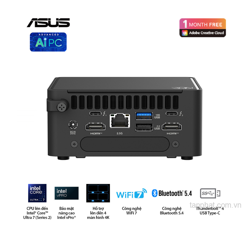 Bộ Mini PC Asus NUC 15 PRO Tall RNUC15CRHU700000I (Intel Core Ultra 7 255H | 2xDDR5-6400 | 2xNVMe,SATA | 2x HDMI 2.1 | 2x Thunderbolt | VESA MOUNT | Black)