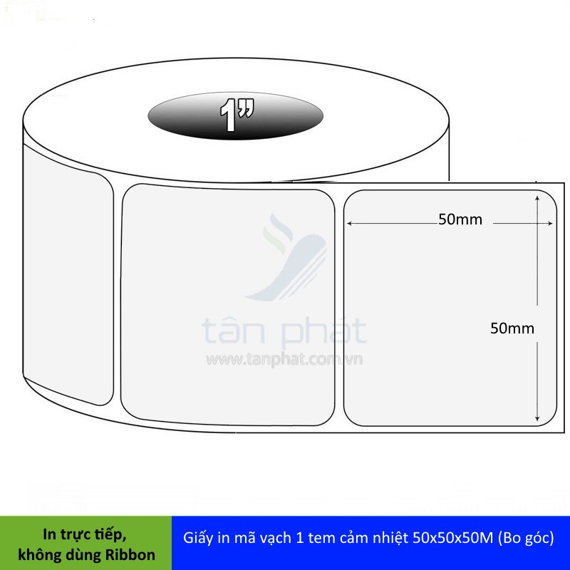 Giấy in mã vạch 1 tem cảm nhiệt 50x50x50M (Bo góc)