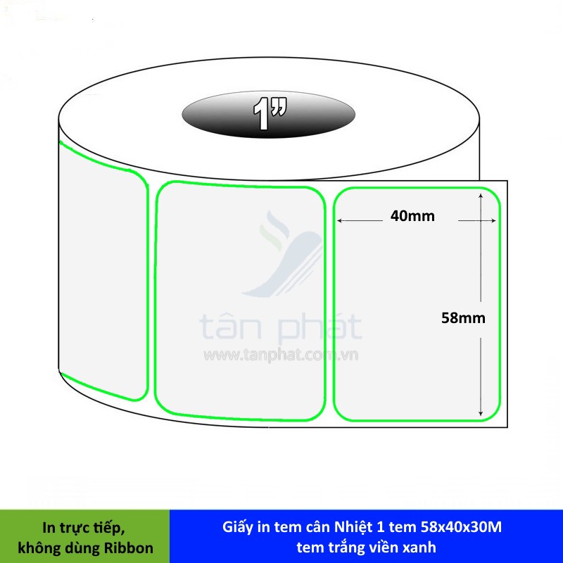 Giấy in tem cân Nhiệt 1 tem 58x40x30M - tem trắng viền xanh