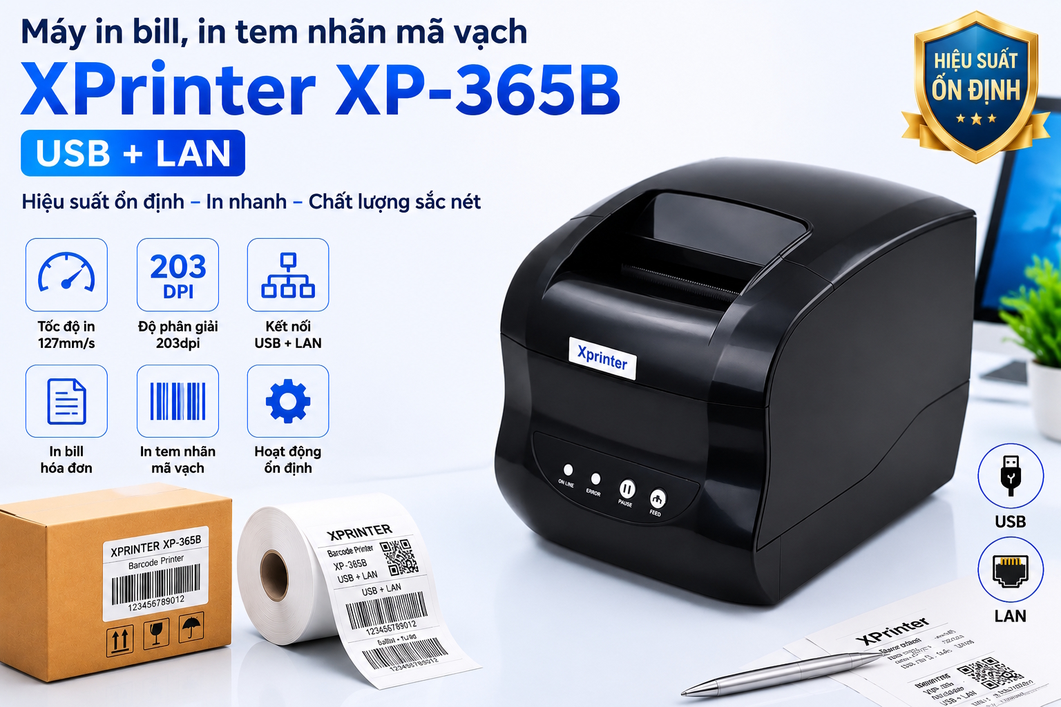 Máy in bill, in tem nhãn mã vạch XPrinter XP-365B (USB + LAN)