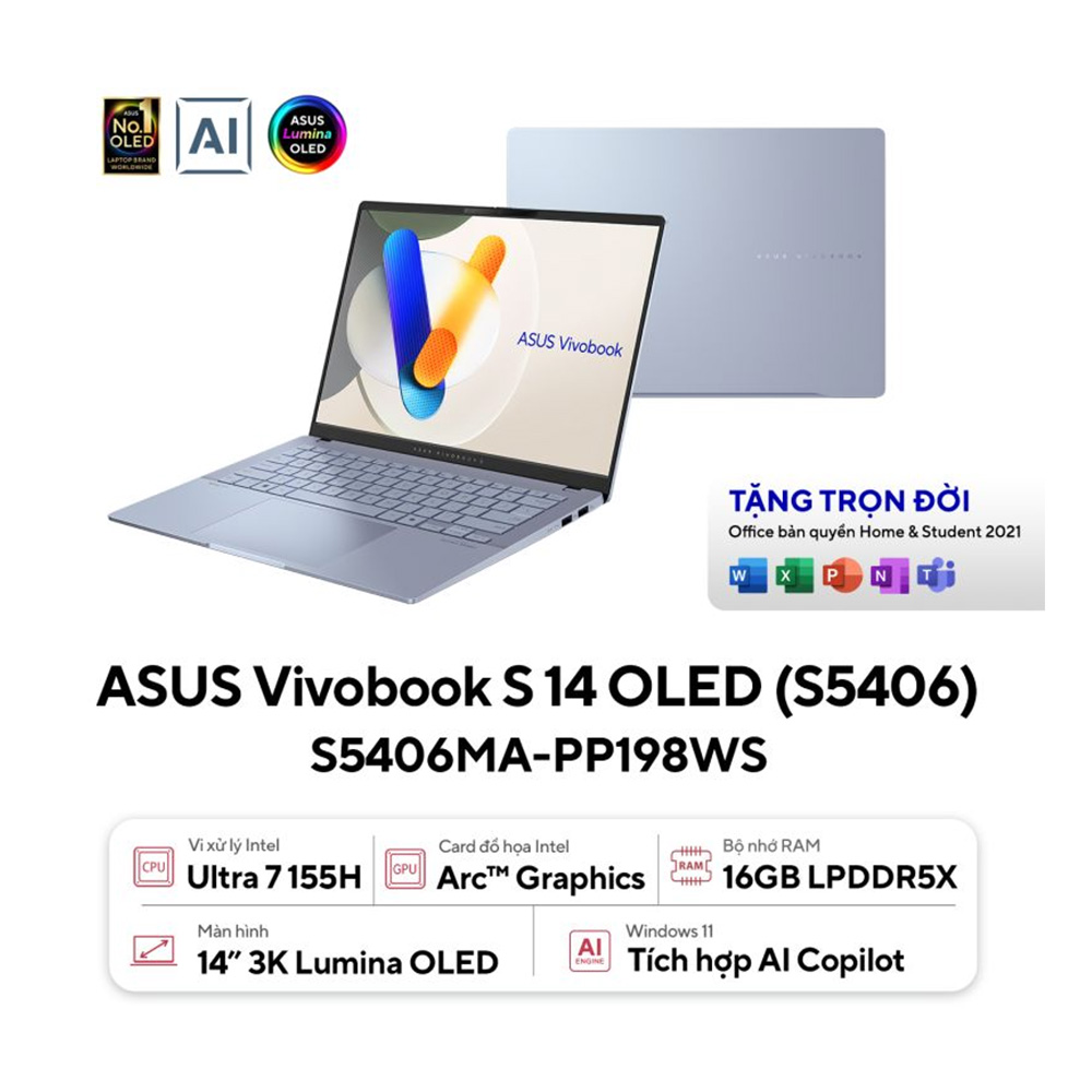 Laptop ASUS Vivobook S 14 OLED S5406MA-PP198WS (Core Ultra 7 155H | 16GB | 512GB | Intel Arc | 14inch 3K | Win 11 | Office | Xanh)
