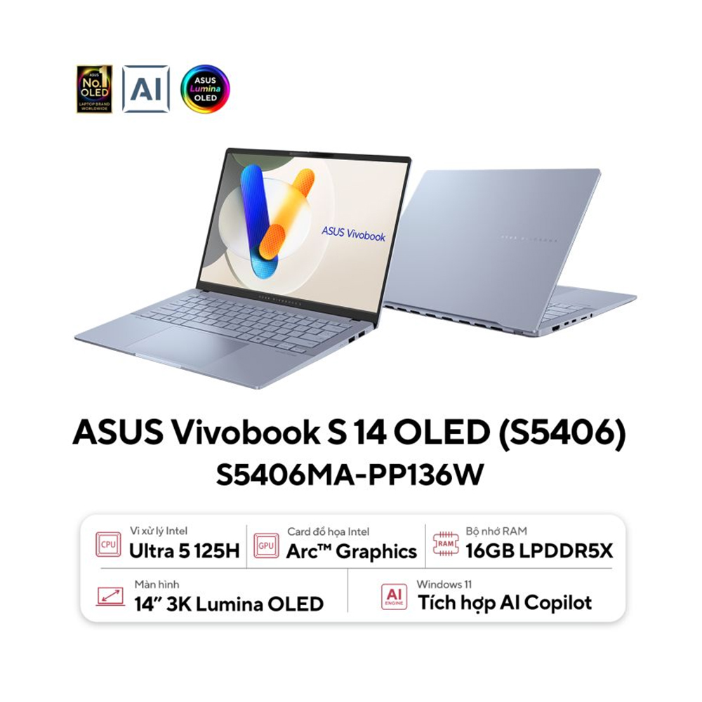 Laptop ASUS Vivobook S 14 S5406MA-PP136W (Core Ultra 5 125H | 16GB | 1TB | Intel Arc | 14inch 3K | Win 11 | Xanh)