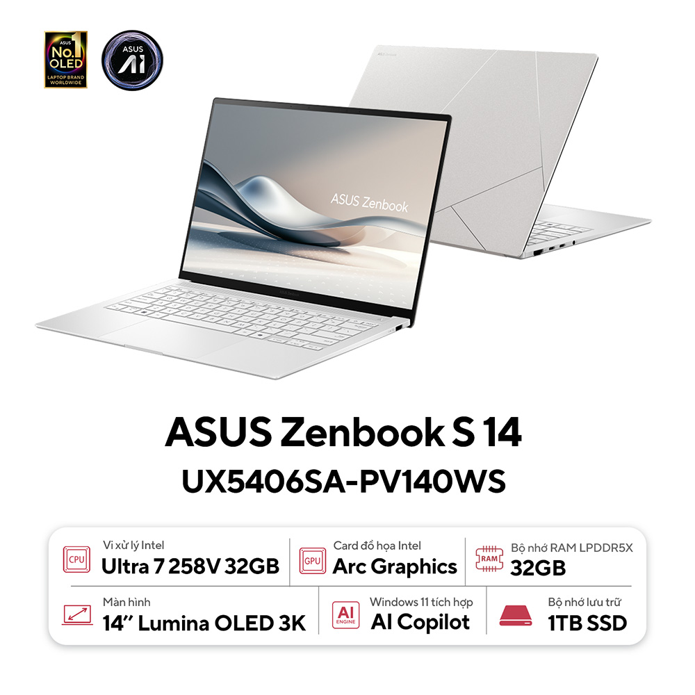 Laptop Asus Zenbook S 14 OLED UX5406SA-PV140WS (Core Ultra 7 Processor 258V | 14inch 3K OLED | Intel Arc | 32GB | 1TB | Win 11 | Office | Trắng)