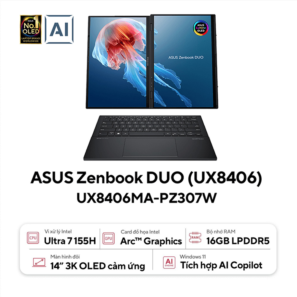 Laptop Asus ZenBook Duo OLED UX8406MA-PZ307W (Core Ultra 7 155H | 16GB | 512GB | Intel Arc | 14inch 3K 120Hz | Win 11 | Xám)