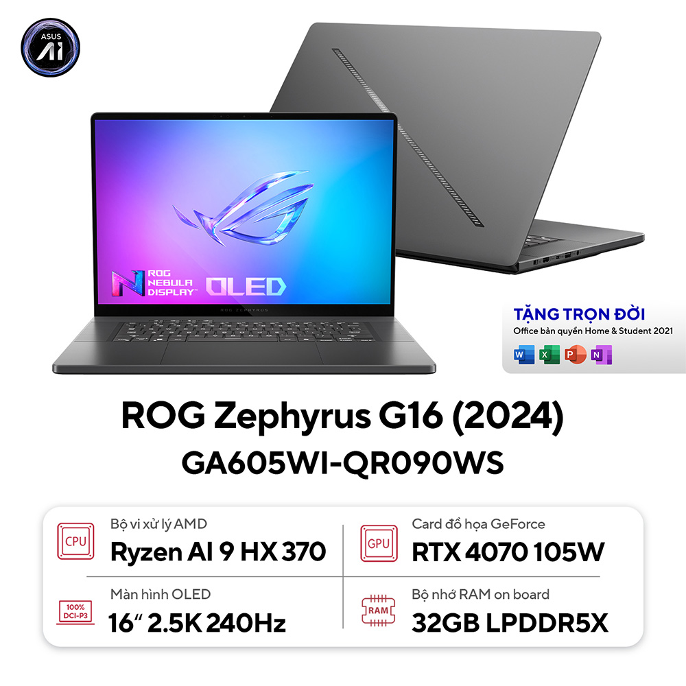 Laptop Asus Gaming ROG Zephyrus G16 GA605WI-QR090WS (Ryzen AI 9 HX 370 | RTX 4070 8GB | 16inch WQXGA OLED | 32GB | 1TB | Win 11)